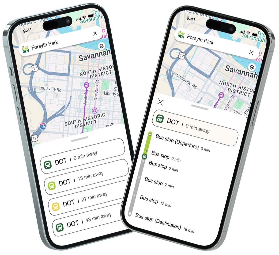Two phones showing the CAT Den bus tracking app